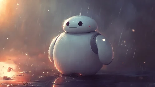 Round white robot stands in glowing rainstorm twilight.