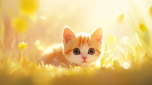 Orange kitten lying in soft golden grass at sunrise.