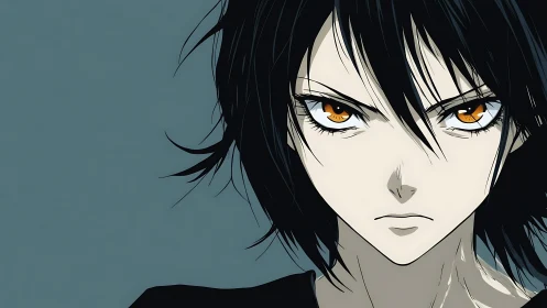 Close frontal view of sharp-eyed anime character portrait.