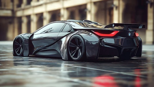 Midnight BMW supercar prowls a rain-slicked urban courtyard.