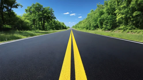 Freshly paved country highway stretches beneath blue sky.