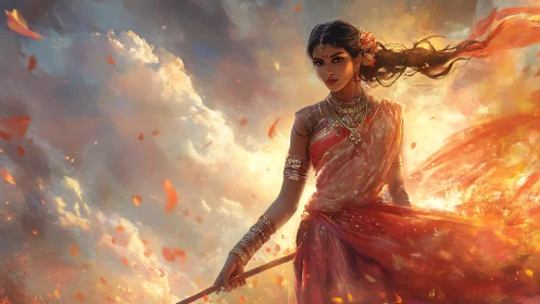 Stormswept warrior goddess in ember-bright sari stride.