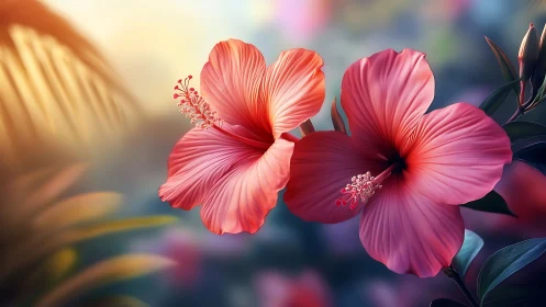 Red hibiscus flowers with soft tropical background view.
