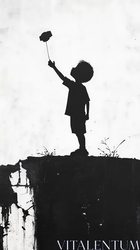 Child silhouette holds flower aloft on stark cliff edge