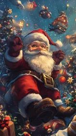 Dynamic low-angle Santa portrait with floating festive village