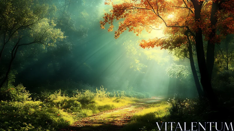 Forest Landscape with Volumetric Light Rays Through Autumn Canopy Structure