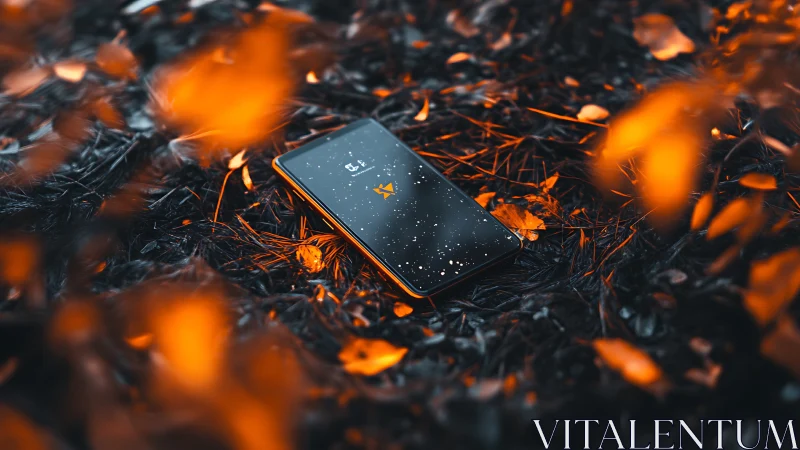 Lost smartphone resting in a glowing bed of autumn leaves.