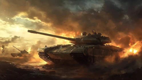 Modern main battle tanks advancing through fire and smoke.