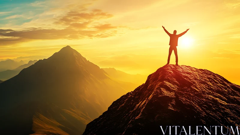 Sunlit summit triumph with silhouetted figure at sunrise.