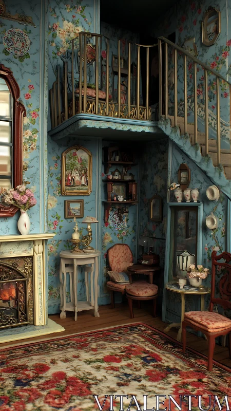 Victorian dollhouse parlor interior with floral wallpaper and loft