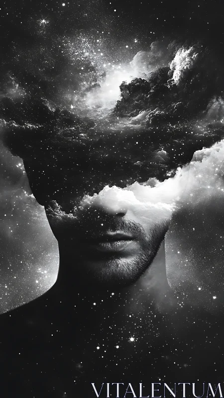 Cosmic nebula double-exposure portrait with stellar veil overlay.