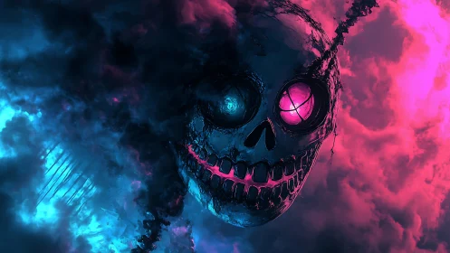 Glowing neon skull drifting through electric storm clouds.