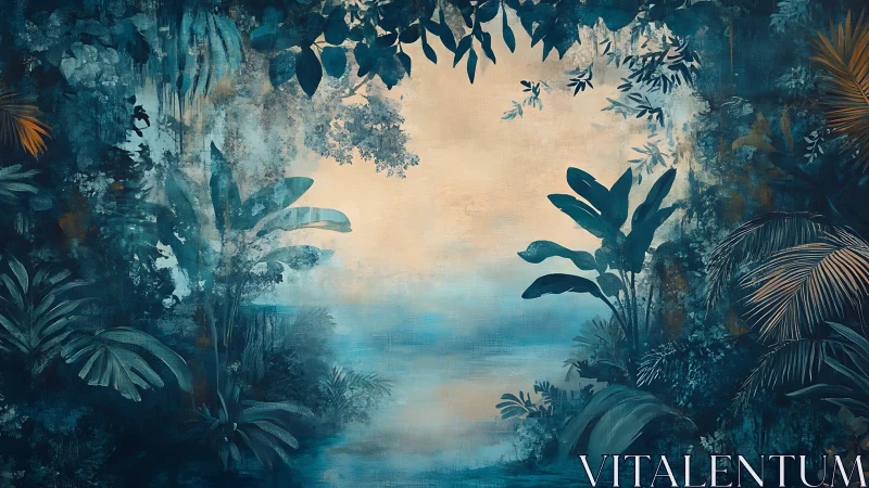 Atmospheric jungle clearing framed by teal foliage gradients