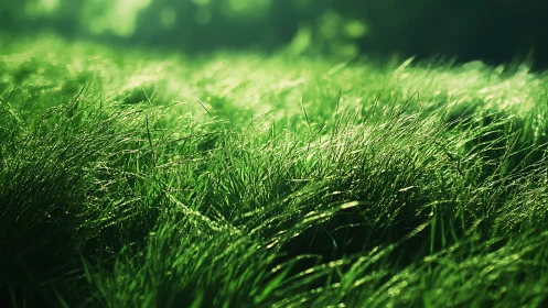 Dewy green grass in morning sunlight, natural landscape photograph.