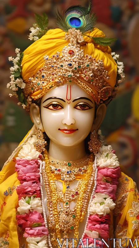 Divine idol portrait in yellow attire with ornate gemstone crown.