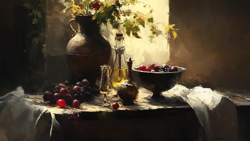 Oil still life with fruit, glass and jug in window light.