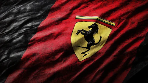 Photoreal racing banner with sculpted emblemial shield textile.