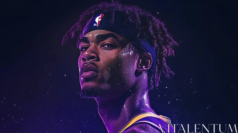 Focused basketball player glowing under deep purple light.