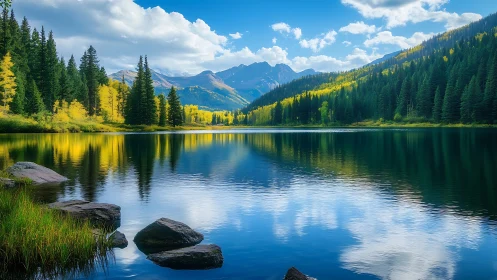High-altitude alpine lake with conifer forest and autumn aspens