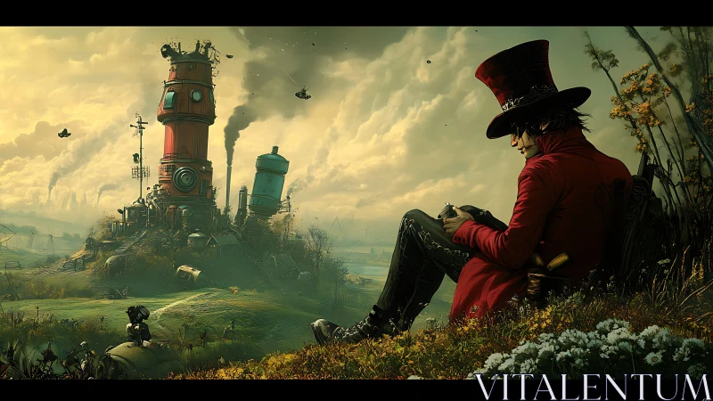 Solitary man in red coat overlooking whimsical factory