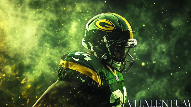 Side profile of football player in green uniform amid haze.