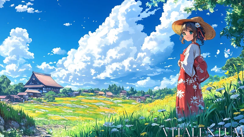 Summer meadow girl in red kimono under vast cloudscape.