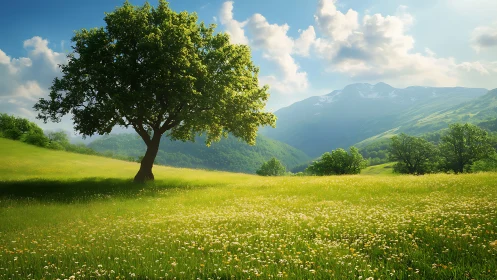 Single tree dominates sunlit meadow before distant mountains