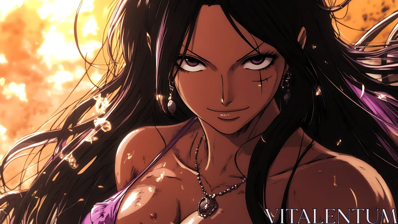 Smirking warrior woman faces glowing fiery backdrop