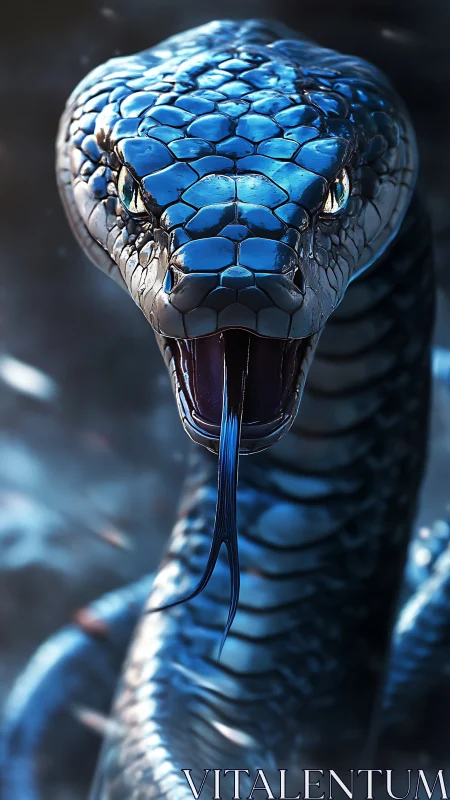 Gleaming blue serpent poised in a moment of fierce focus.