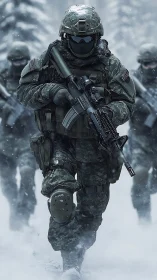 Armed soldier squad advancing through snowy forest scene.
