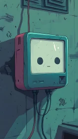 Cute wall-mounted console in moody teal cyber-noir lighting