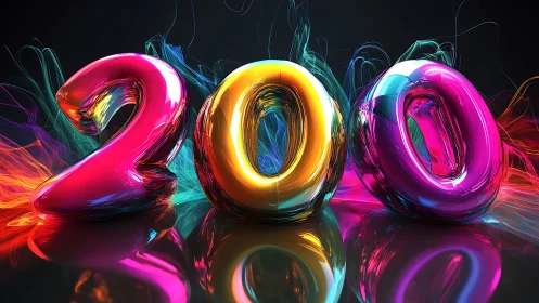 3D chromatic 200 numeral sculpture with neon light trails.