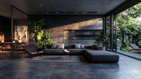 Sunlit modern lounge opening gently to a lush green garden.