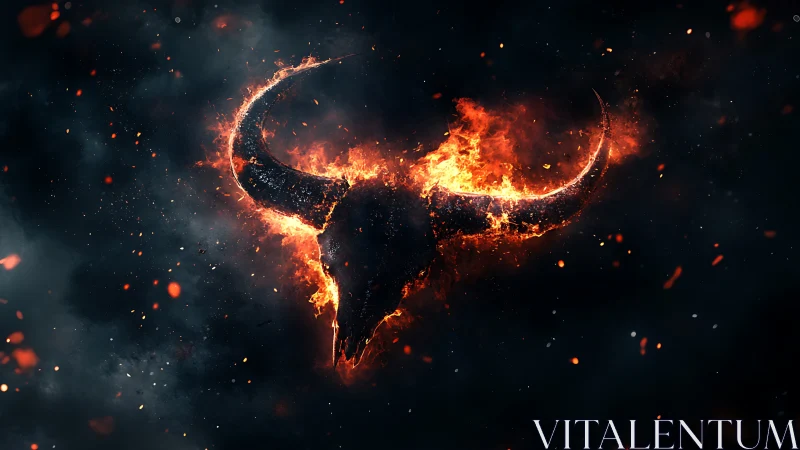 Burning bull skull with curved horns in dark smoky void.