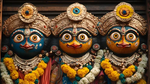 Trio of jewel-crowned idols trade wide-eyed secrets in garlands