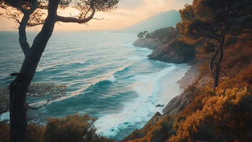 Sunlit coastal pines above turquoise waves at sunset.