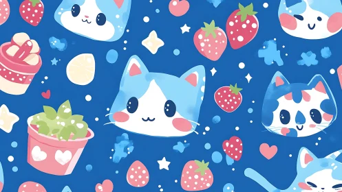 Whimsical Feline and Strawberry Motifs in Chromatic Blue Field.
