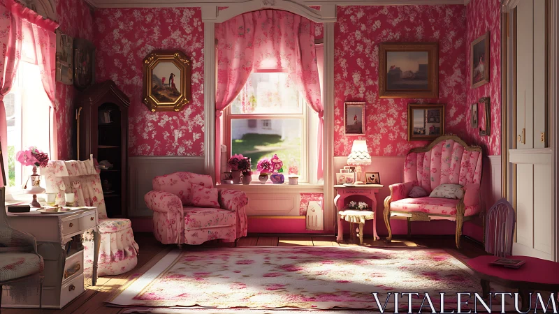 Romantic pink sitting room glows in soft afternoon light.