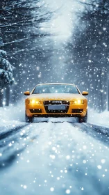 Yellow sports car on snowy forest road in heavy snowfall.