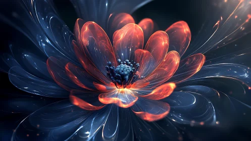 Glowing abstract flower with luminous red and blue petals.