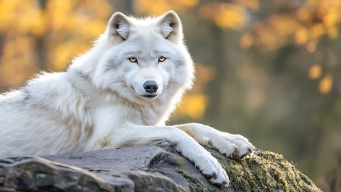 White wolf rests on mossy rock in golden forest light.