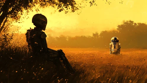 Sunset droids trade quiet secrets in a golden meadow hush.