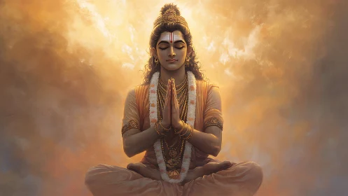 Seated male deity meditates in lotus pose amid glowing light
