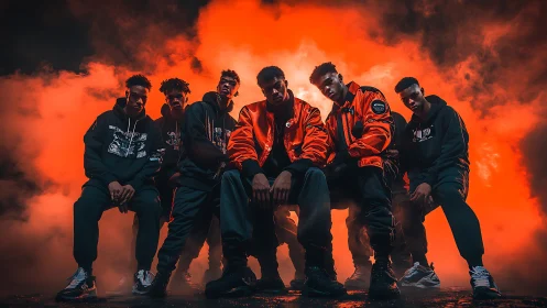 Cinematic street collective in red backlit atmospheric haze.