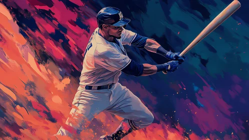 Baseball batter mid swing in stylized dynamic illustration.