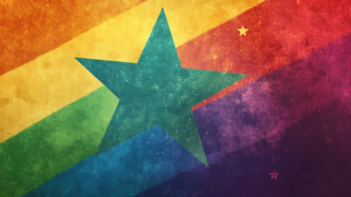 Textured rainbow spectrum with central teal star motif.