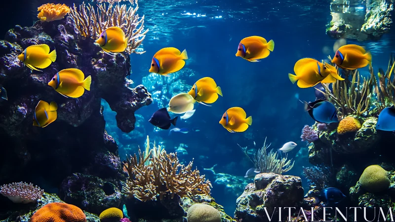 Tropical reef fish school across high-contrast coral formations