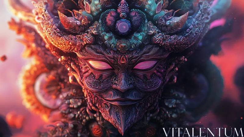 Bioluminescent demonic mask with ornate fractal cyber-organic detail.