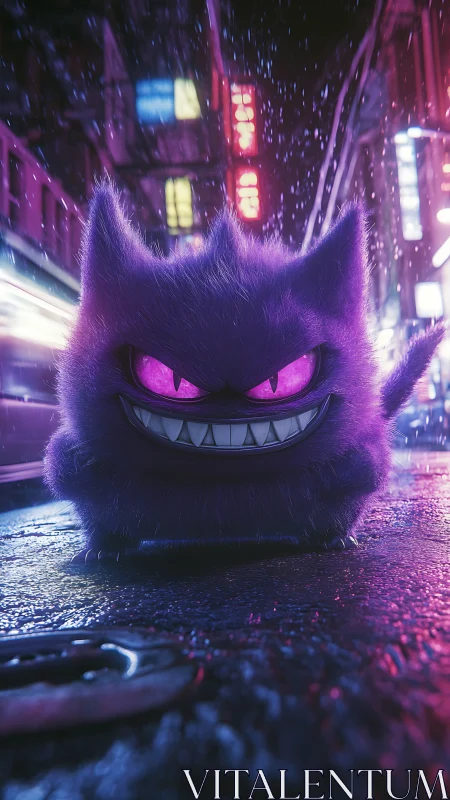 Midnight purple creature strolls boldly through neon rain