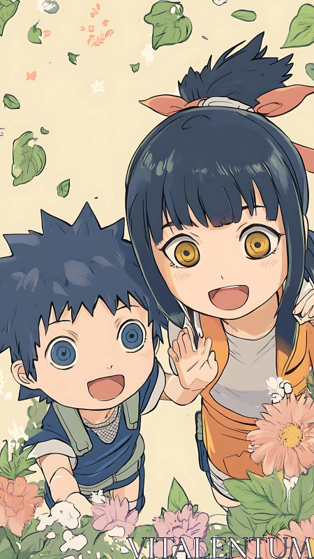 Two stylized children look upward amid surrounding flowers